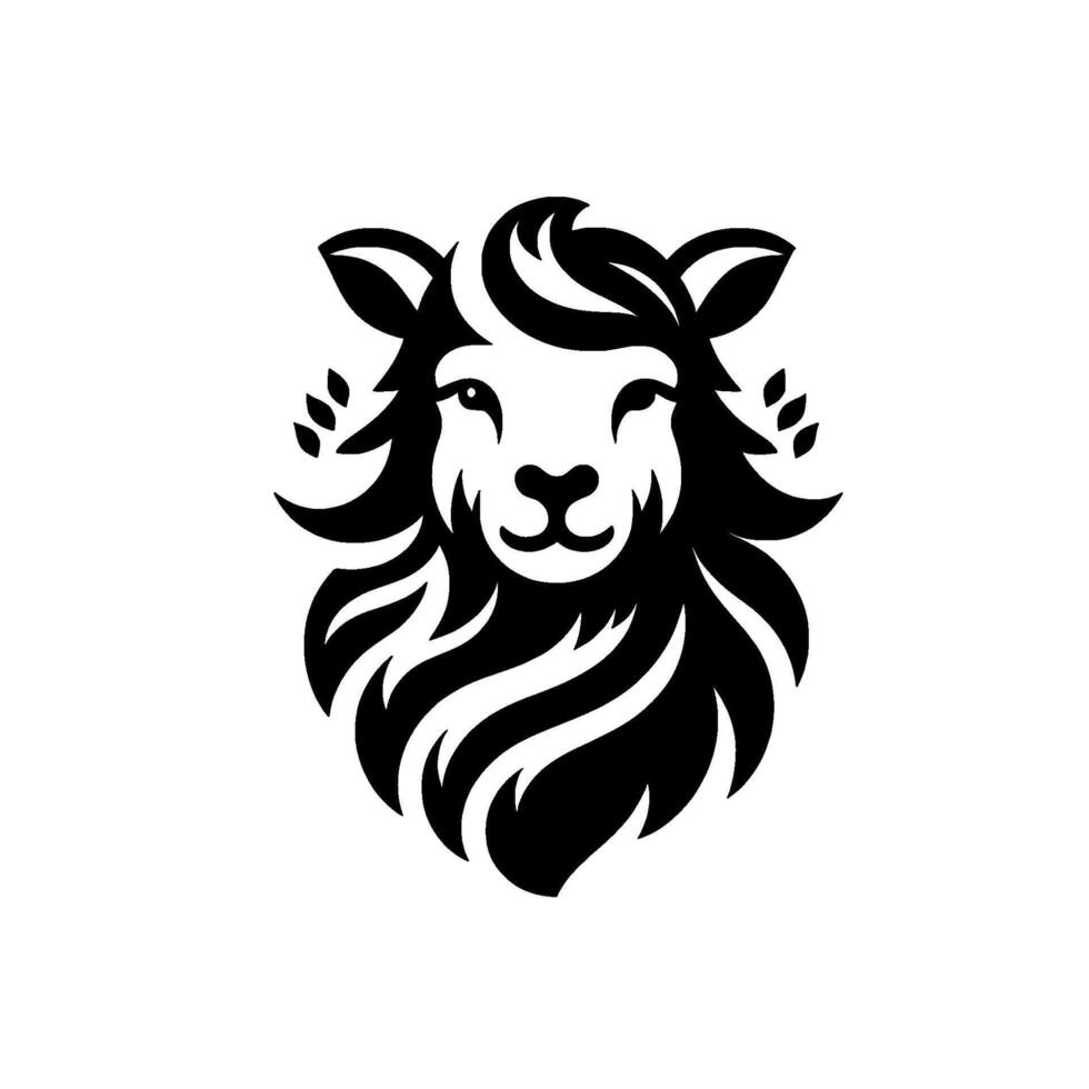 Stylized Black and White Alpaca Graceful Silhouette of a Fluffy Alpaca Head, Surrounded by Leafy Accents, on a Pristine White Backdrop, Perfect for Branding. vector