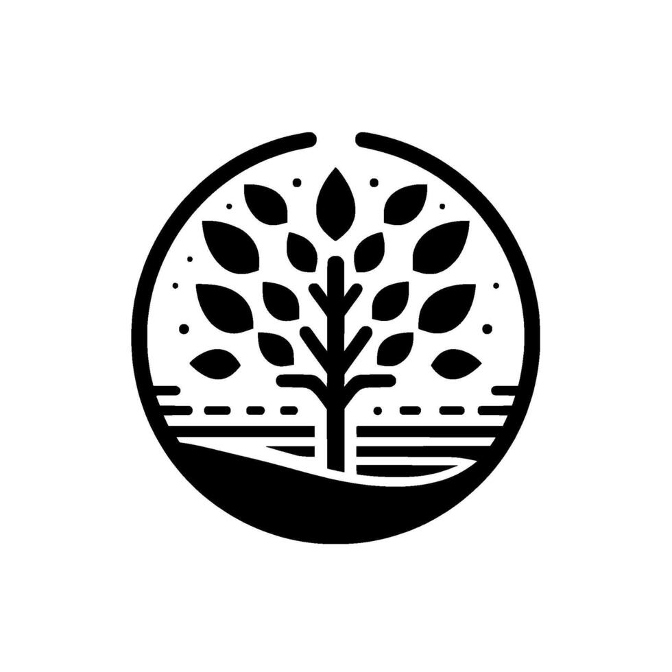 Stylized black and white circular depicting a tree with symmetrical leaves and a trunk, set on a minimalist landscape with lines and dots. vector