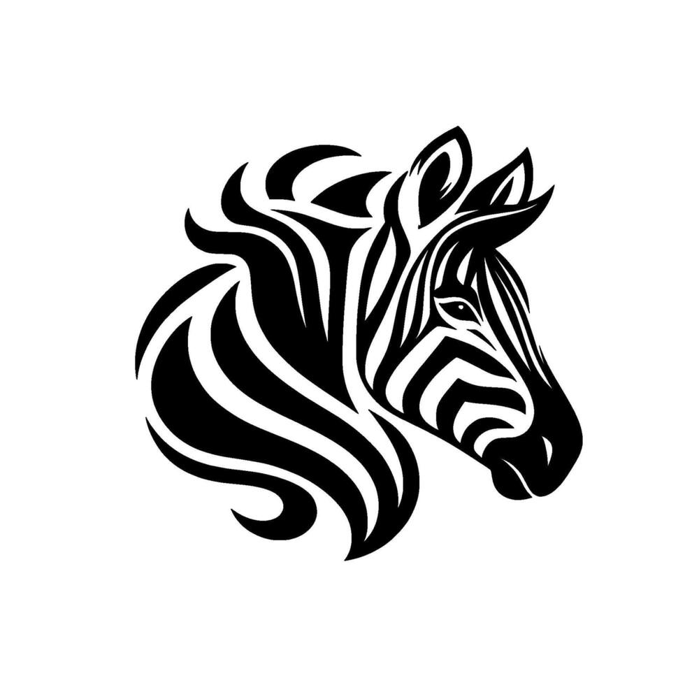 A striking, stylized illustration of a zebras head and neck, showcasing bold black and white stripes and curved shapes for a modern, clean aesthetic on a white background. vector