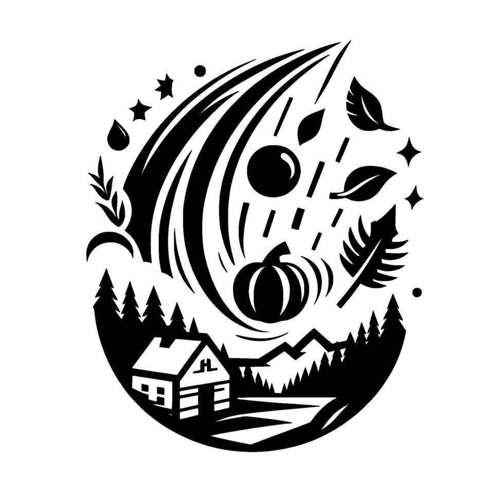 A circular black and white illustration depicts a cozy cabin scene with autumnal elements like a pumpkin, falling leaves, and stars within a stylized . vector