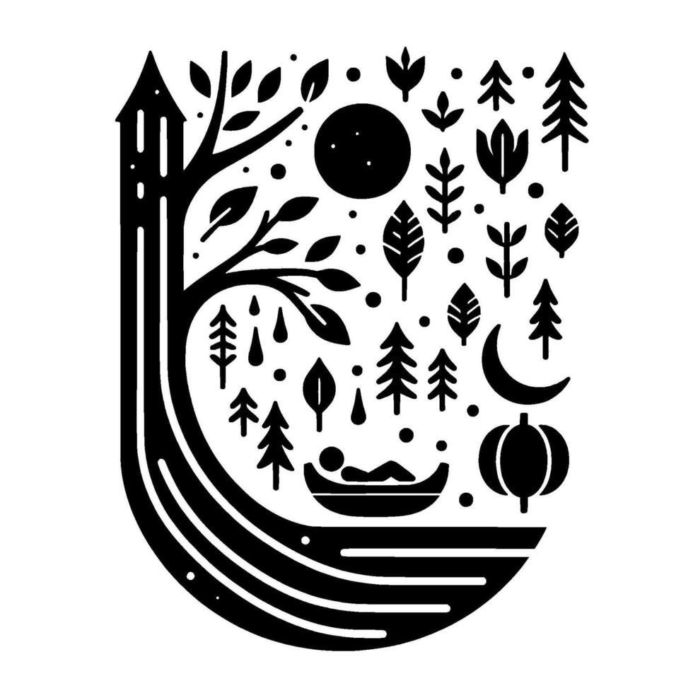 A serene silhouette of a person relaxing in a boat, amidst a stylized night scene of nature with trees, moon, and pumpkin. vector