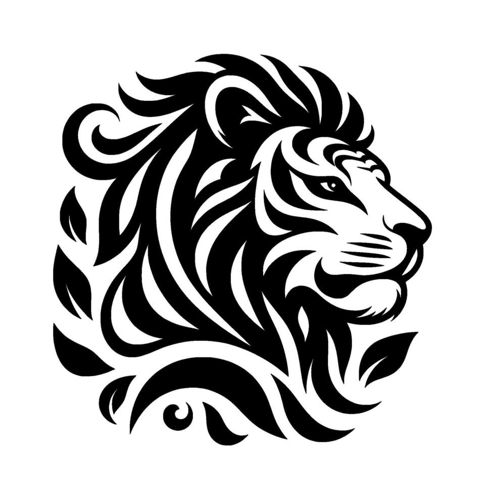Stylized, black and white illustration of a lions head profile, encircled by flowing, artistic patterns and leaflike elements, on a clean white background. vector