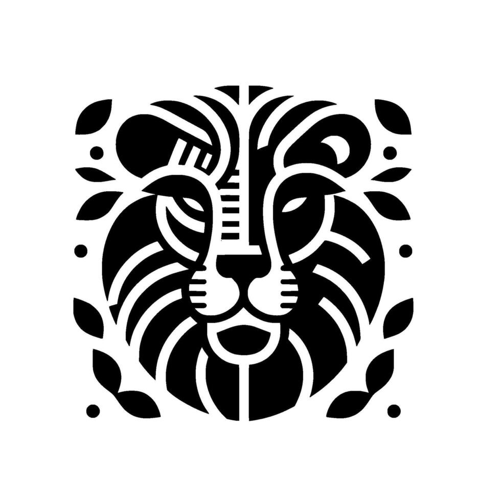 A regal black and white lion crest, stylized with minimalist geometric shapes and botanical accents, conveying strength and nobility. vector