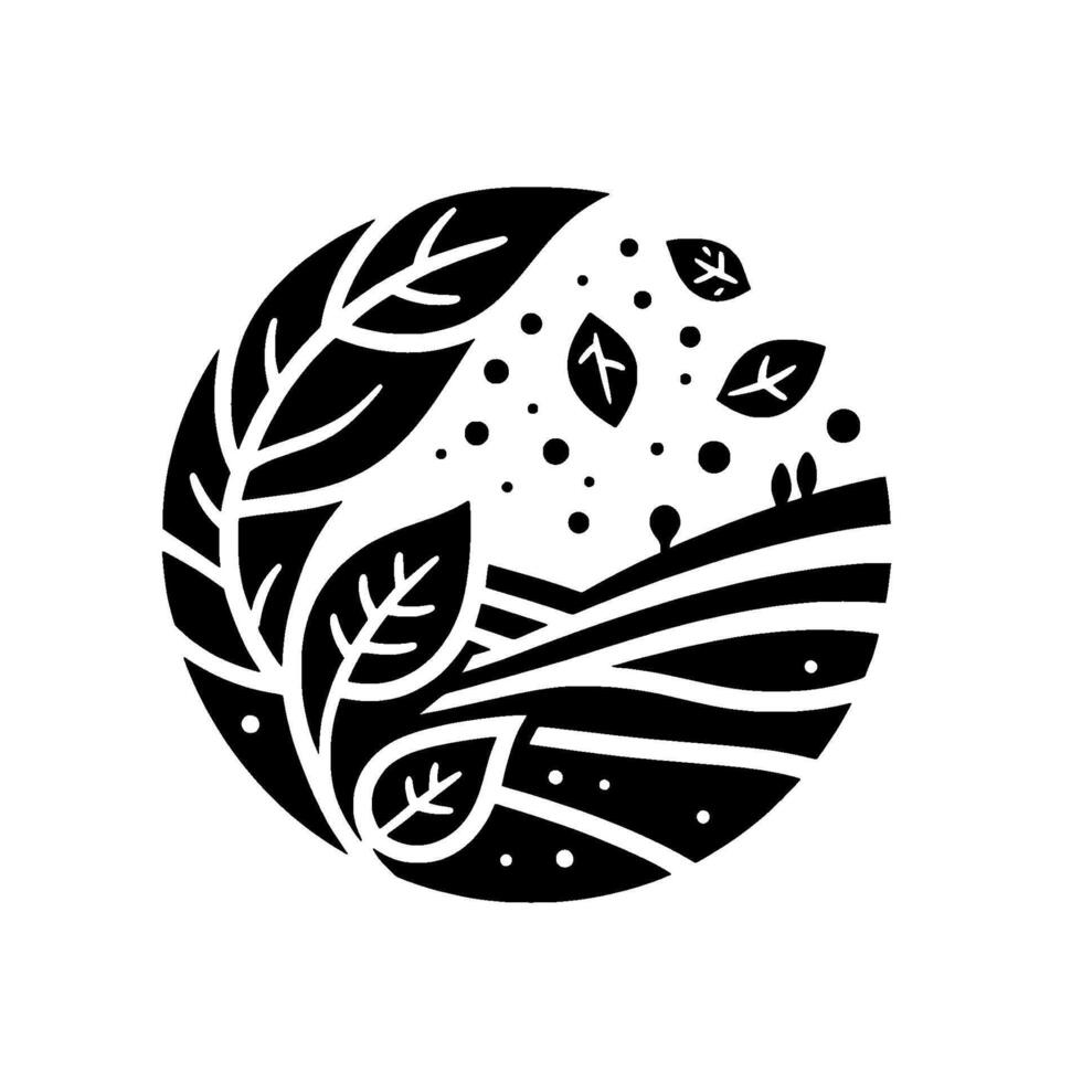 A minimalist, circular emblem depicting a stylized landscape with rolling hills, falling leaves, and a vibrant leaf cluster, rendered in bold black and white. vector