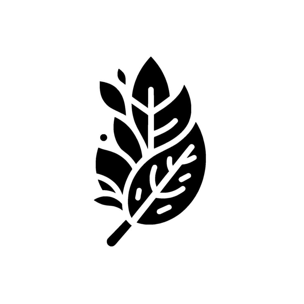 A stylized, minimalist botanical illustration featuring a cluster of dark, textured leaves and smaller leaflets against a pristine white background, showcasing a clean, modern aesthetic. vector
