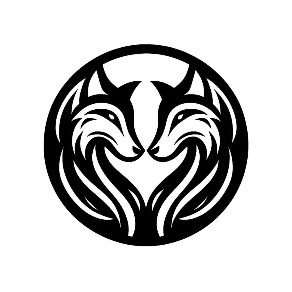 Symmetrical black and white illustration of two stylized foxes facing each other within a circle, forming a heart shape. vector