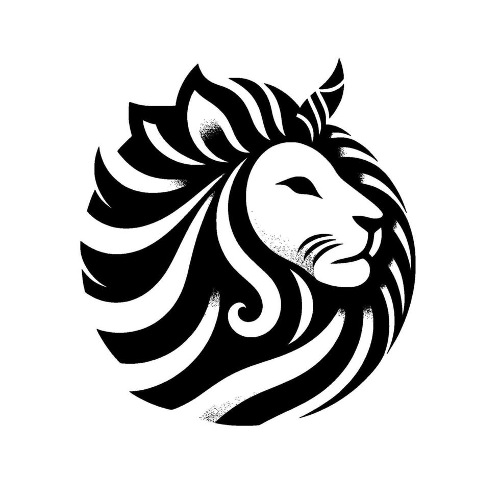 Striking monochrome illustration of a majestic lions head, its mane stylized into dynamic, swirling bands, set against a clean white backdrop, conveying strength and elegance. vector
