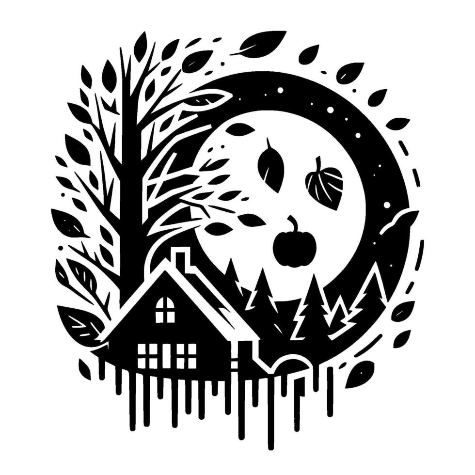 A stylized black and white circular illustration featuring a house, trees, leaves, and a harvest moon, evoking autumn and nature. vector