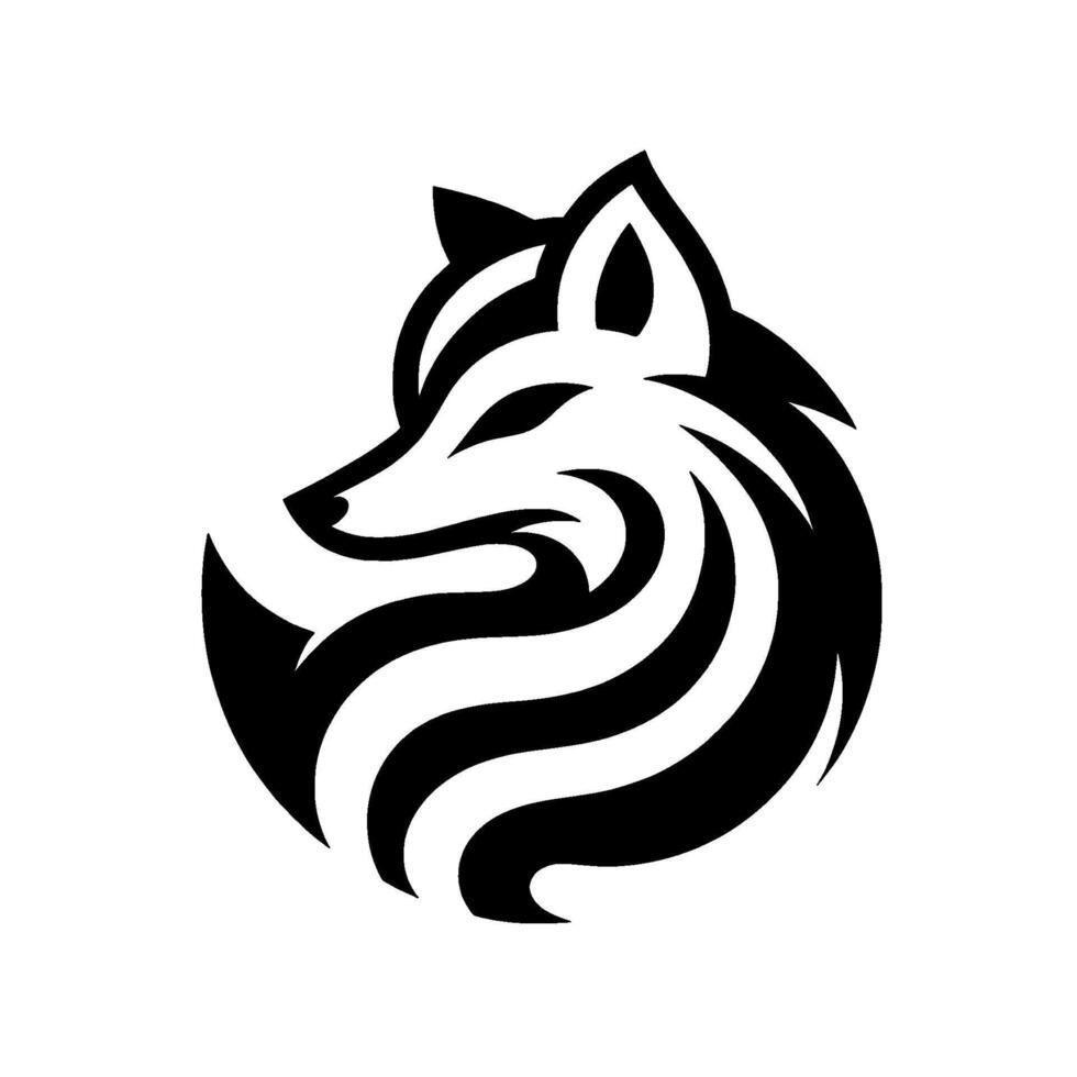 A sleek, monochrome showcasing a stylized wolfs head, composed of layered black and white elements, radiating an air of mystery. vector