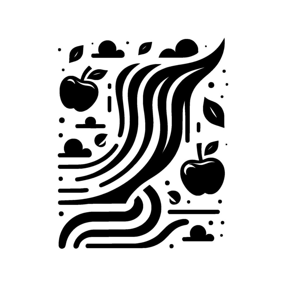 Stylized Black and White Illustration Flowing Stream, Apples, Clouds, Leaves, and Dots on a White Background, a play on Nature. vector
