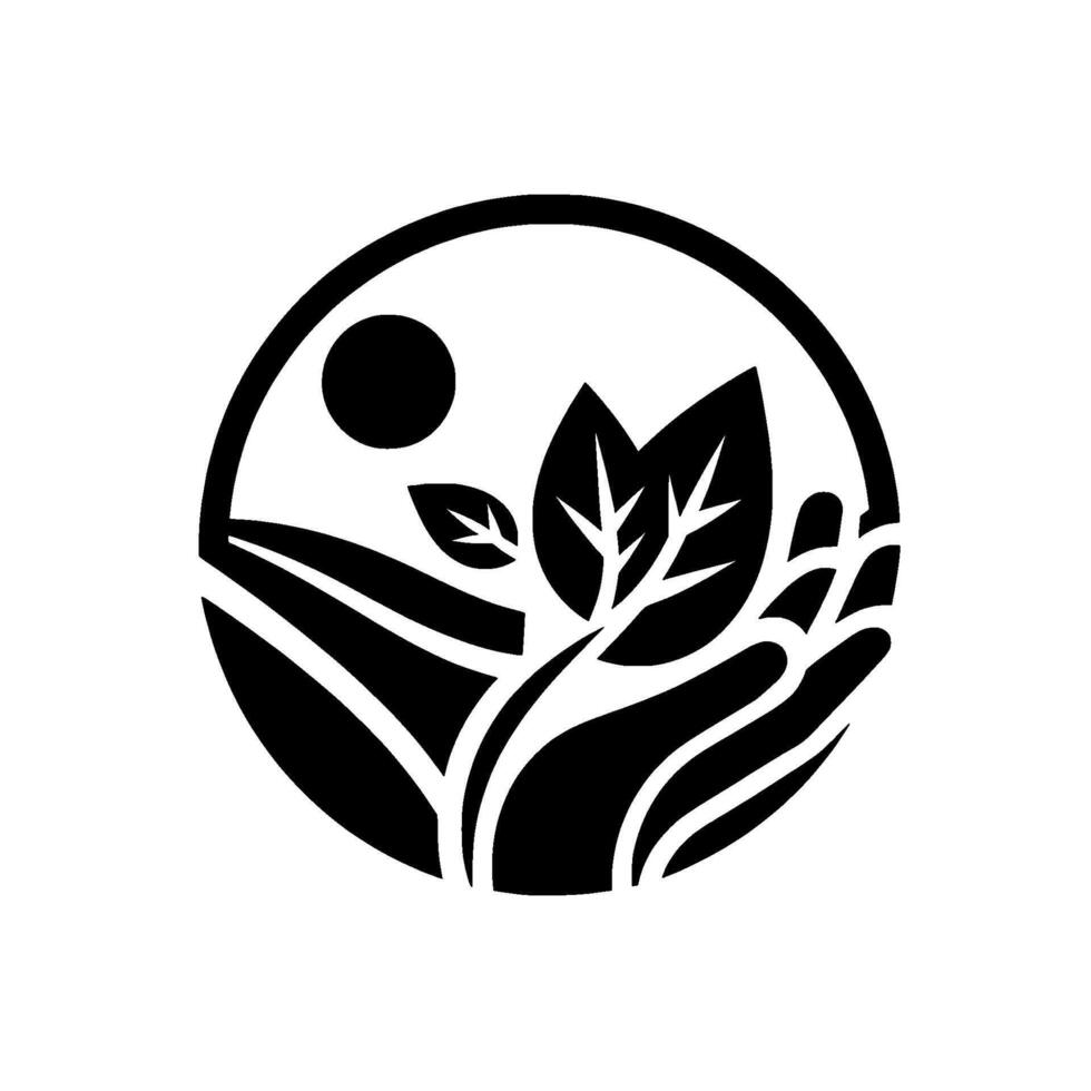 Symbolic Emblem of Environmental Stewardship A stylized depicting a hand cradling growing leaves, a sun, and stylized farmland inside a circular frame, evoking care. vector