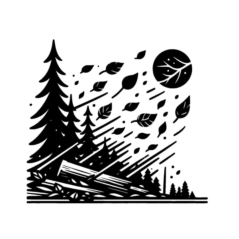 Black and White Illustration of a Forest Scene with Falling Leaves, Sun, and Trees, Evoking Autumns Wind. vector