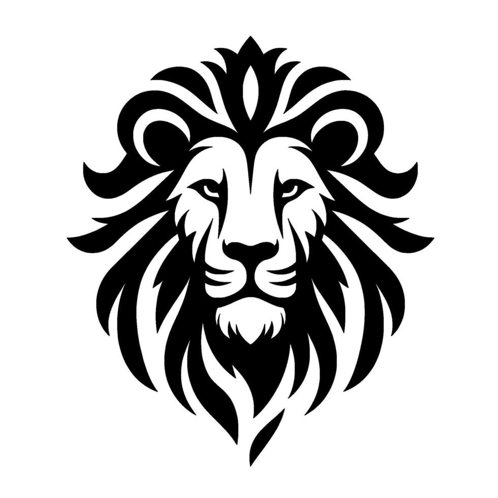 Majestic lion face emblem with a stylized black mane and intense gaze, illustration on white background. vector