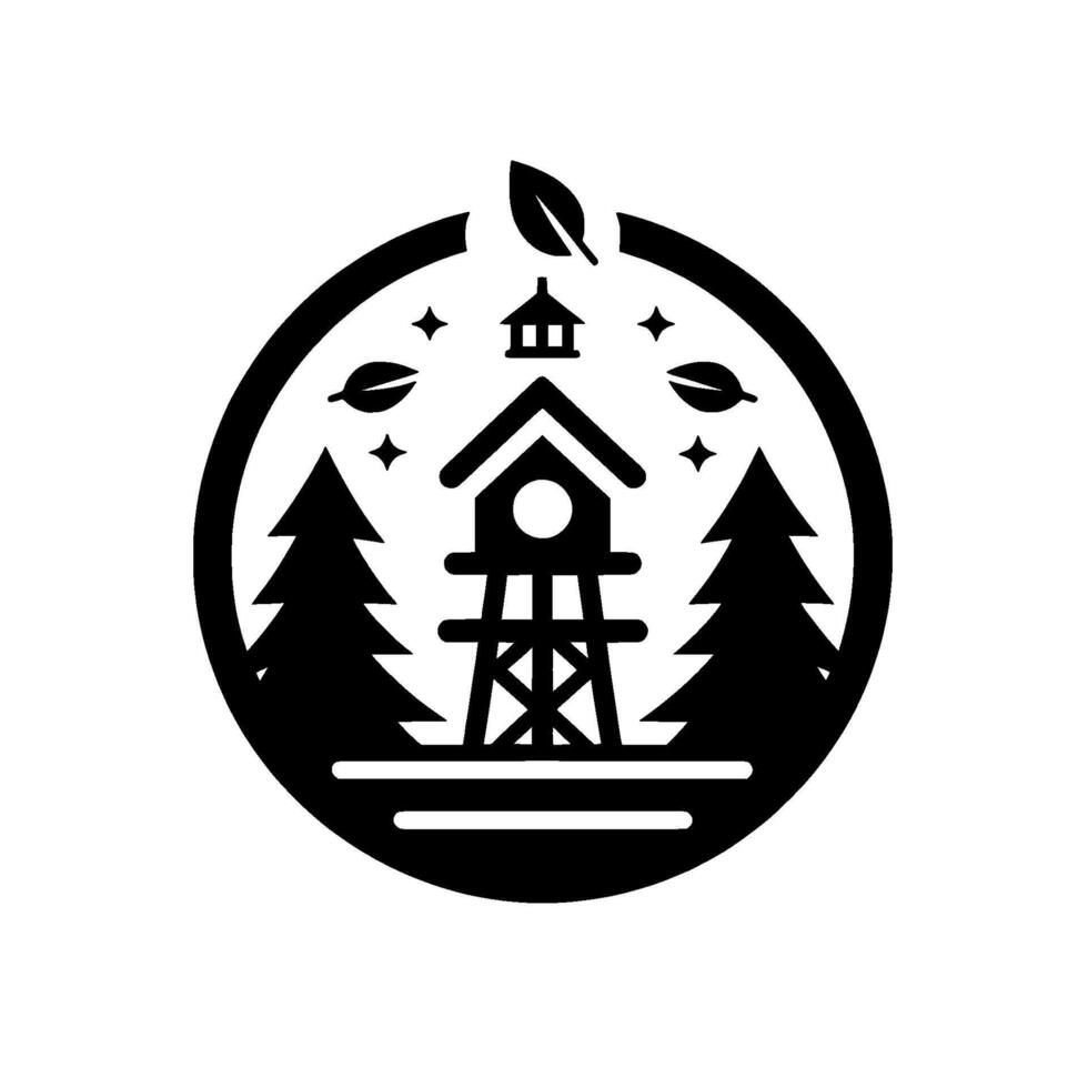 A circular minimalist featuring a stylized lookout tower, evergreen trees, leaves, and stars, conveying nature and observation within a forest. vector