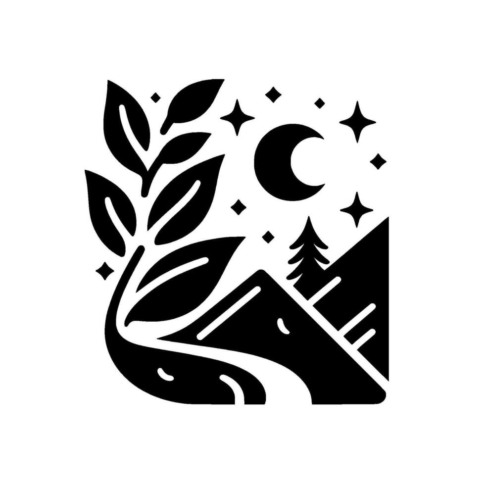 A minimalist black and white depicting a night scene, featuring a branch with leaves, a crescent moon, stars, mountains, and a pine tree in a harmonious and serene composition. vector