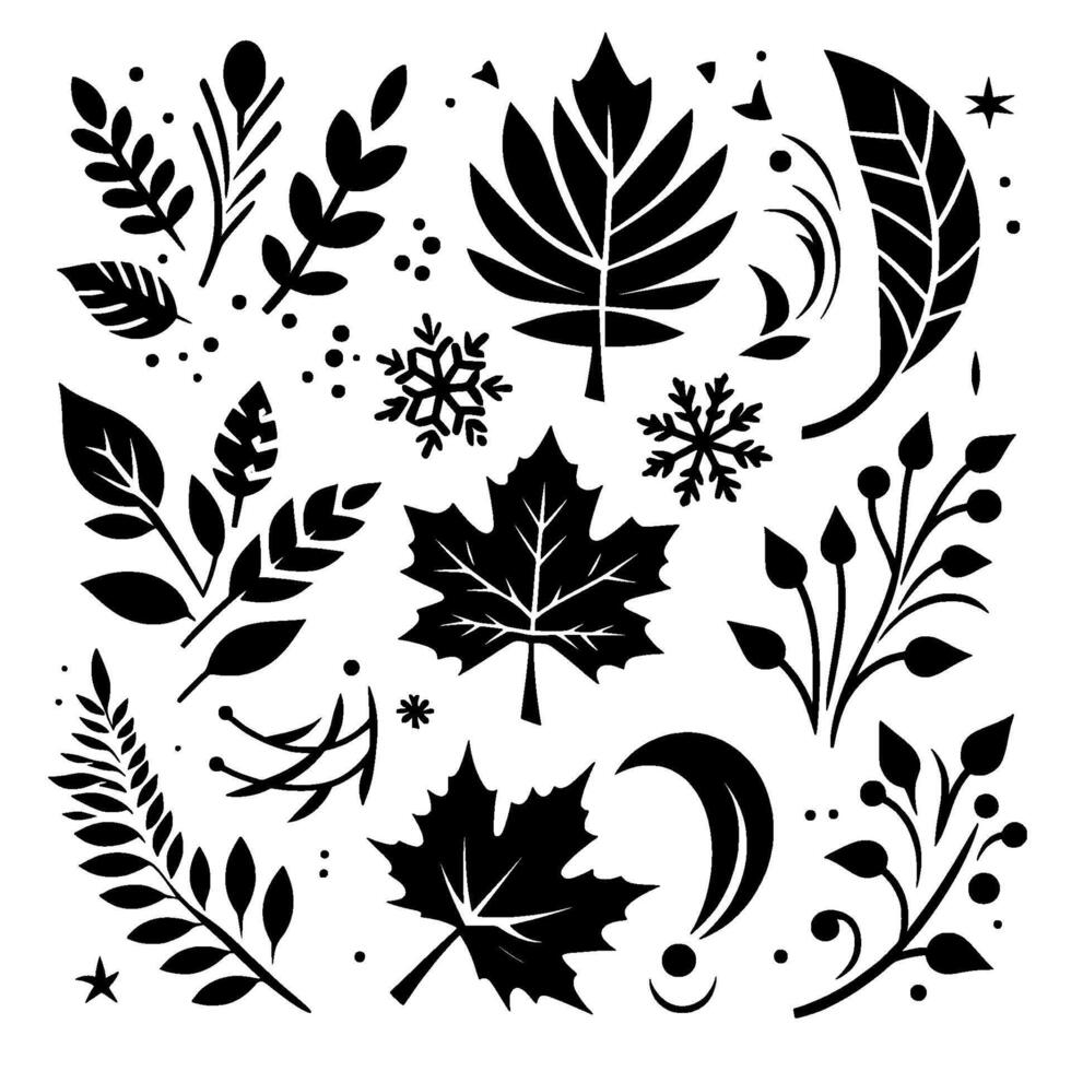 A monochromatic illustration featuring an array of stylized botanical elements leaves, branches, snowflakes, and celestial shapes, arranged in a whimsical, decorative composition. vector
