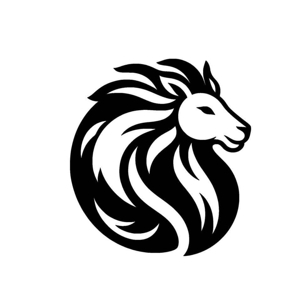 A stylized, minimalist black and white of a lions head encircled by flowing mane, depicting strength and elegance. vector