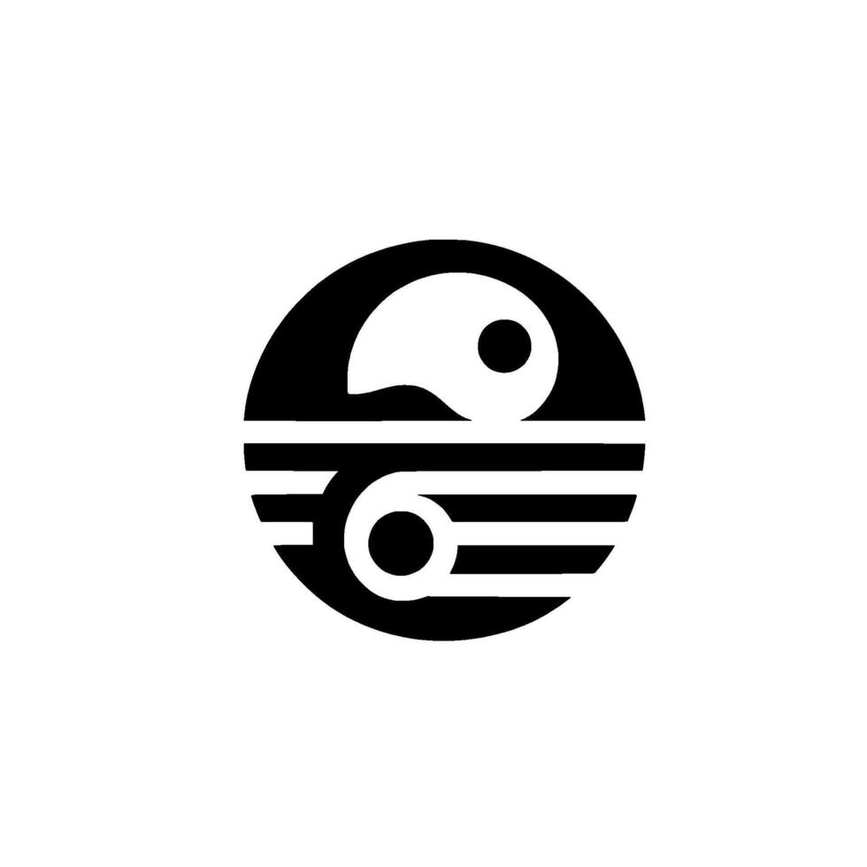 Modern minimalist Yin and Yang symbol, a black circular with a split representing opposing forces. Upper half is a solid shape and the lower is horizontal lines with a dot and lines. vector