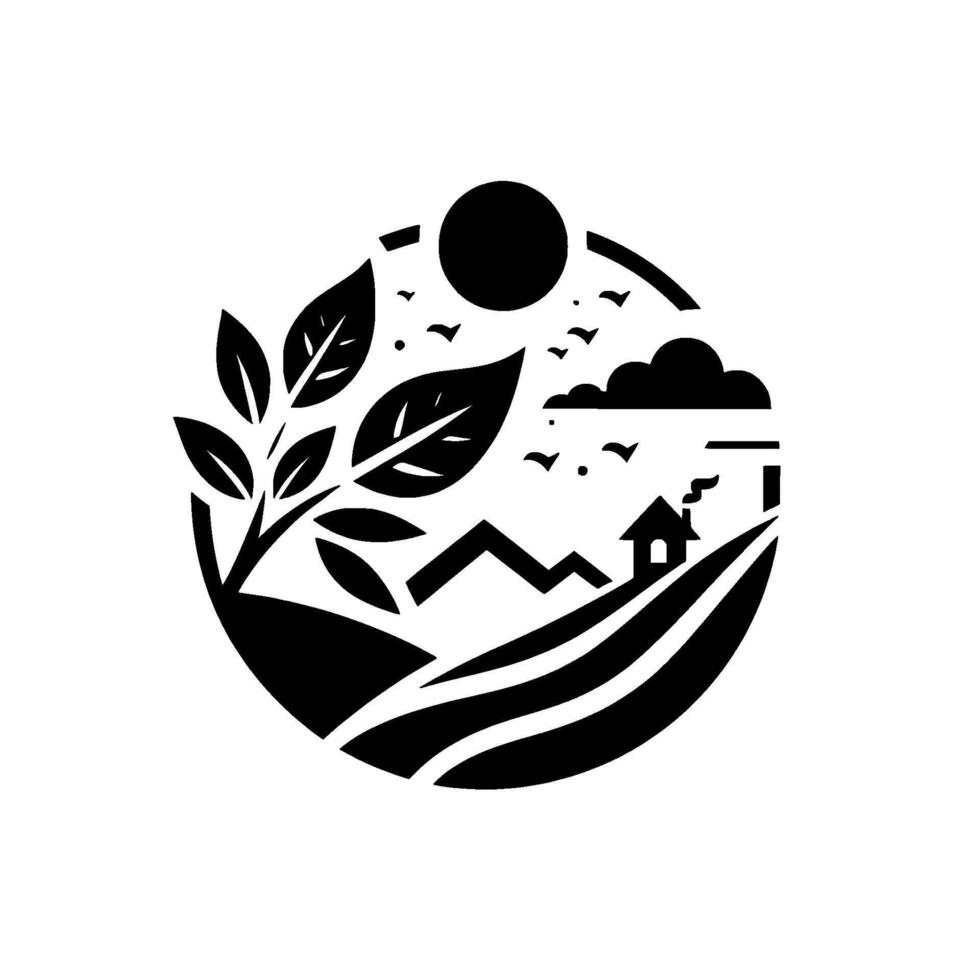 Circular Minimalist Illustration of Rural Landscape with House, Fields, Foliage, Sun, Clouds, and Birds vector