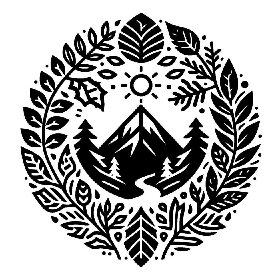 Intricate circular black and white illustration of a mountain scene encircled by foliage, leaves, and organic shapes, with a sun symbol. vector