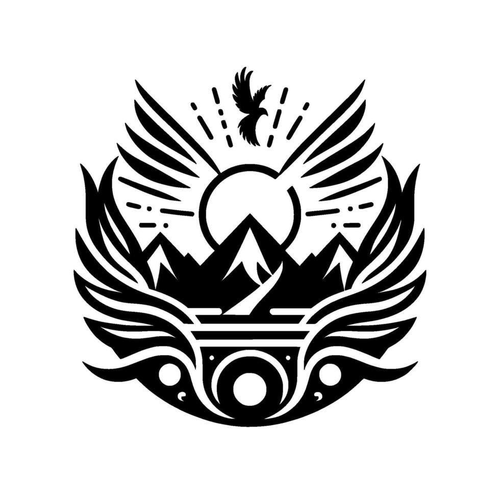 Symbolic monochrome emblem of a mountain range under a radiant sun, with an eagle soaring above, encapsulated within a stylized wing . vector