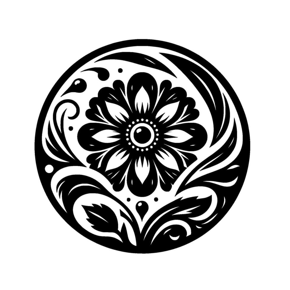 Black and white circular floral with stylized petals, leaves, and ornamental flourishes, isolated on a white background, creating a symmetrical mandalalike pattern. vector