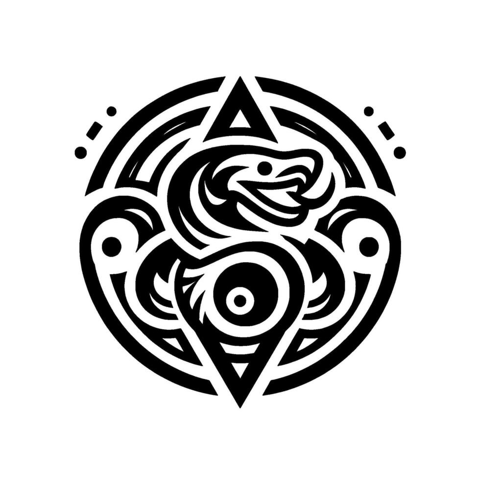Symbolic Tribal Tattoo of a Serpent Within Geometric Circle A stylized, symmetrical featuring a snake intertwined with abstract shapes, evoking a sense of mystic power. vector
