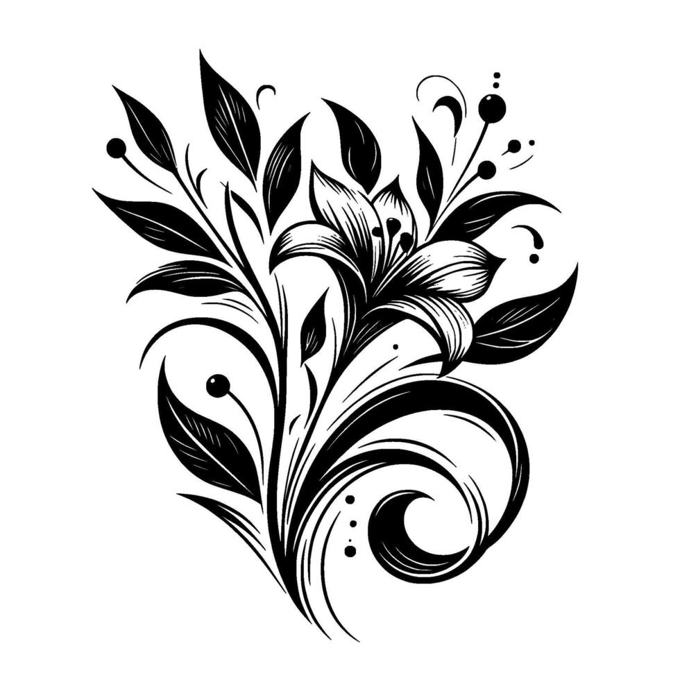 Elegant Monochrome Floral Composition featuring a stylized lily blossom, detailed leaves, delicate berries, and swirling tendrils, presented against a stark white background. vector