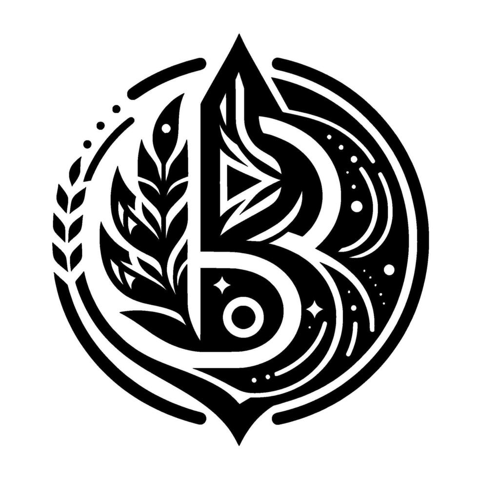 Bold, Geometric B Monogram Embellished with Floral and Celestial Elements, in a Circular, Art DecoInspired . vector