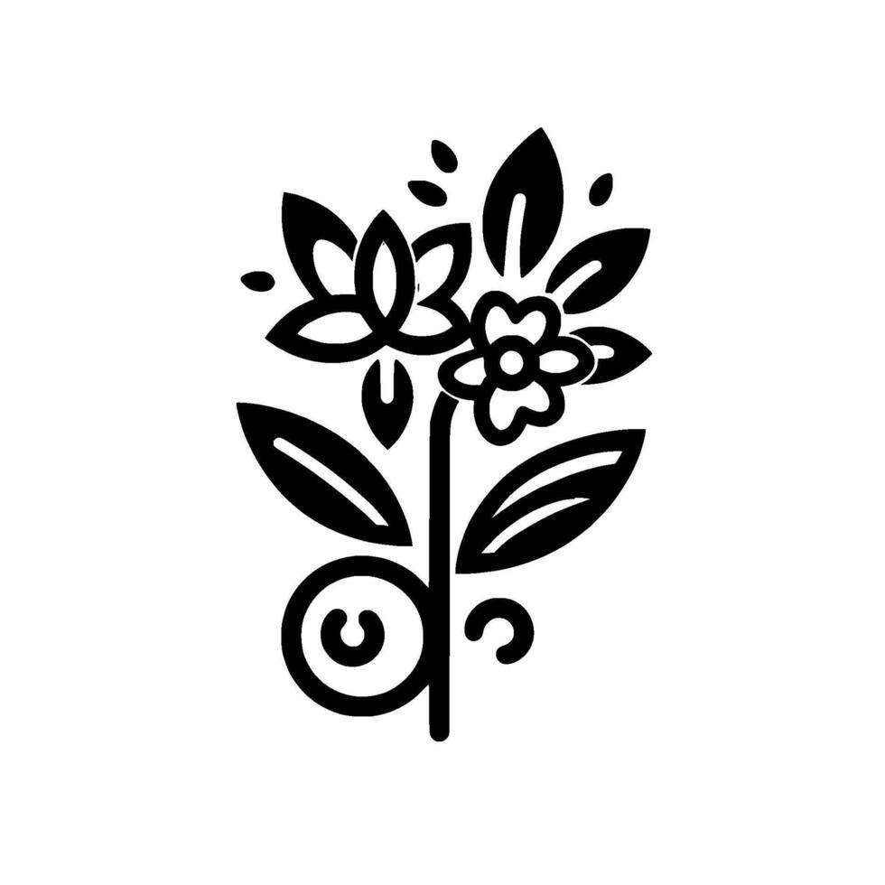 Stylized Black and White Floral Illustration of a Blossom Cluster with Decorative Leaves and a Swirled Stem, Isolated on White. vector