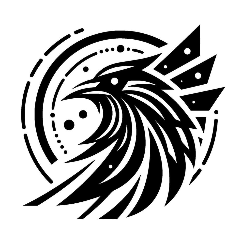 Intricate Black and White Geometric Raven with Abstract Elements and a Circular Composition on a White Background. vector