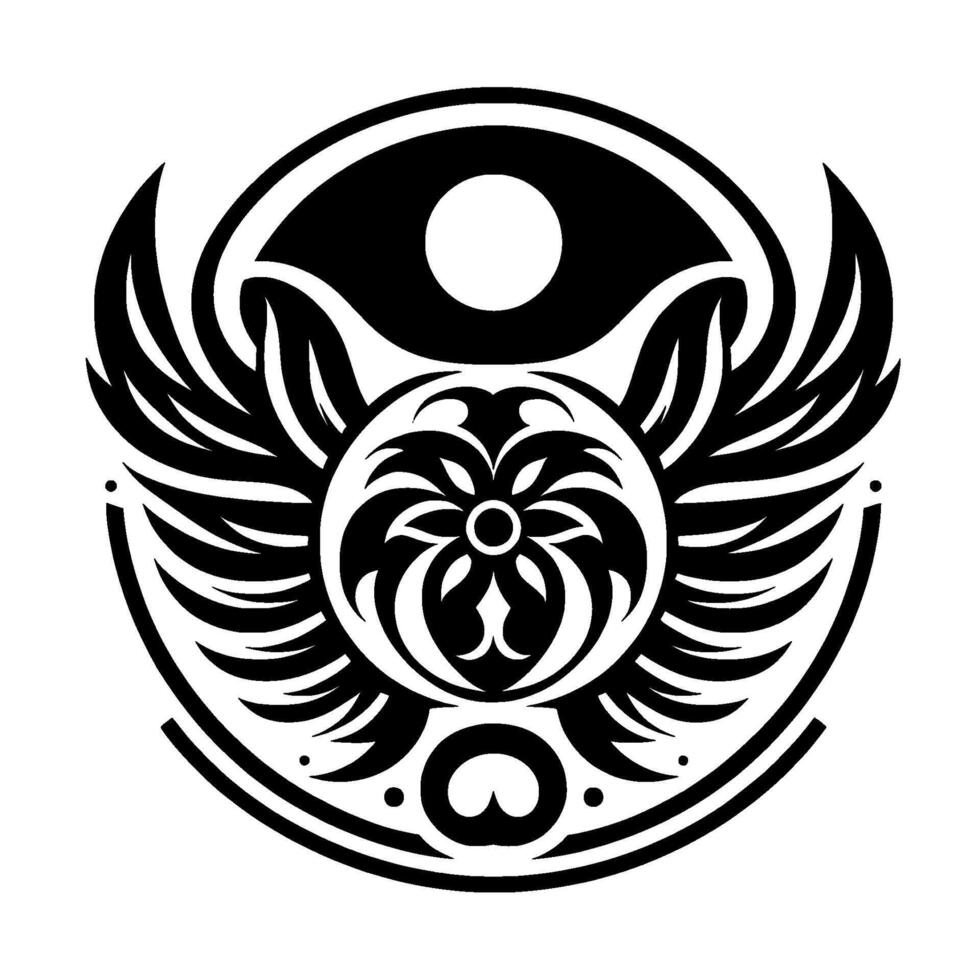 Intricate black and white symmetrical tribal featuring a central floral element, wings, and layered circular shapes, evoking harmony and balance. vector