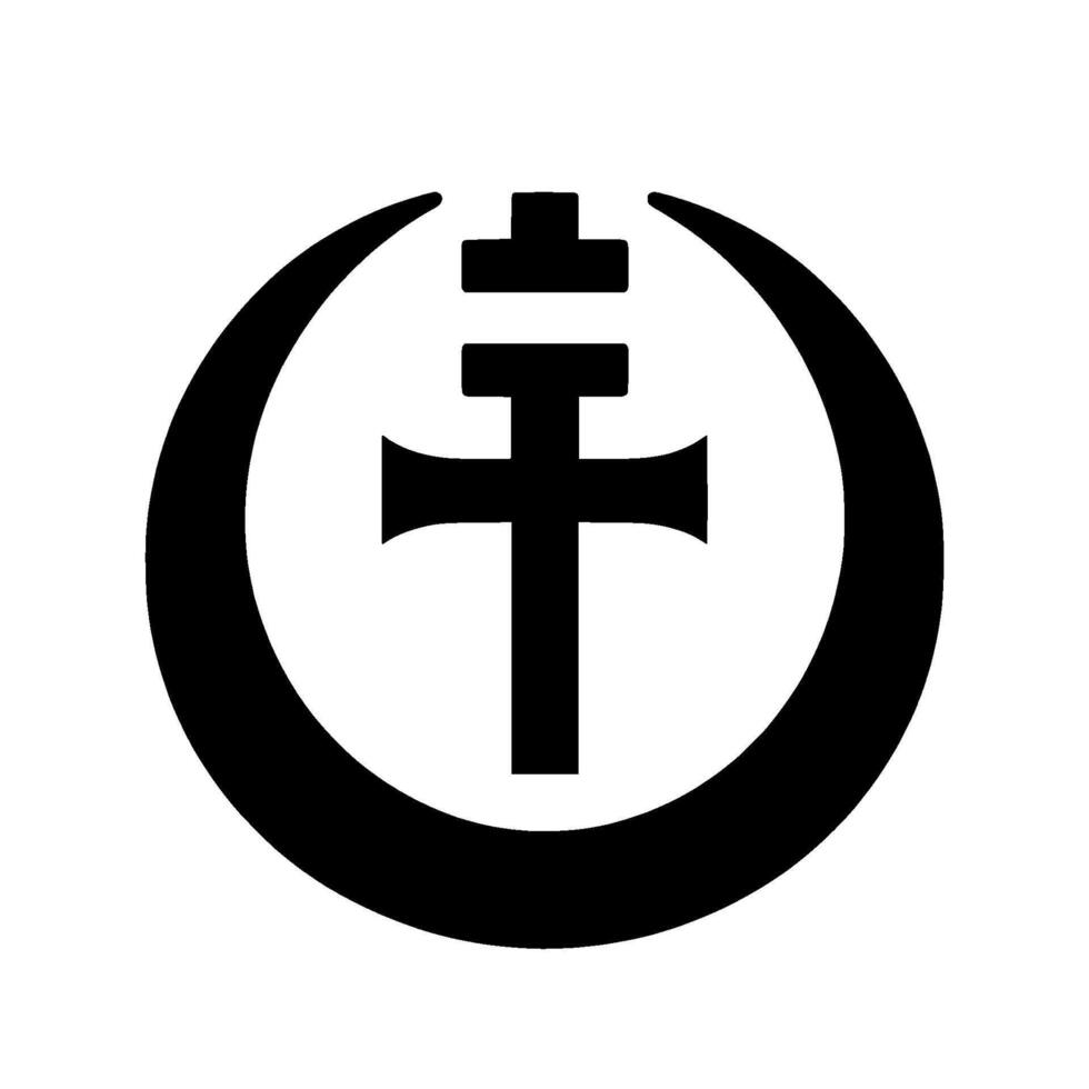 Black Trefoil Cross Emblem Enclosed within a Crescent Moon Shape on a White Background, Minimalist . vector