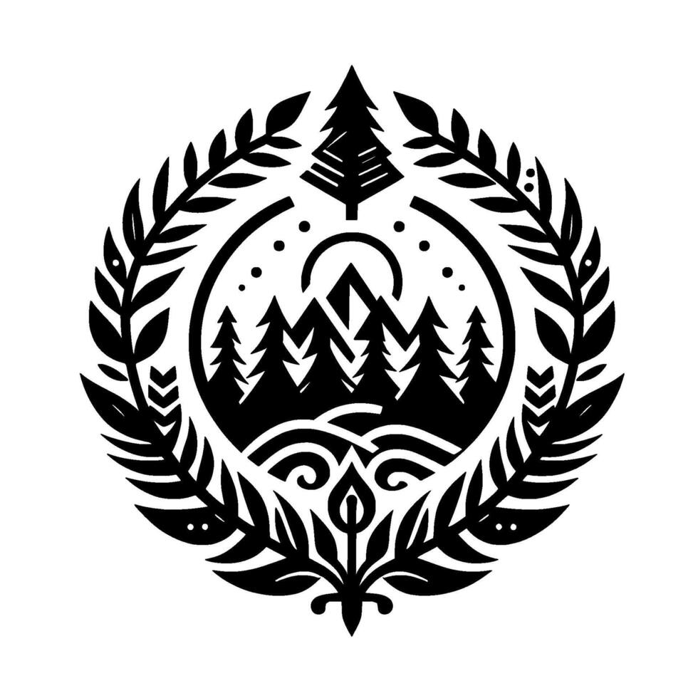 Intricate Black and White Circular Emblem Depicting a Forest Landscape with Mountains, Trees, a Sun, and Laurel Wreath Details. vector
