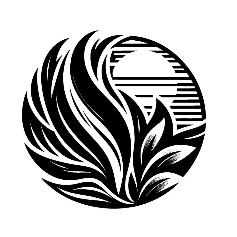 A monochrome, stylized nature featuring a floral within a circle, interwoven with flowing lines and a sunlike element. vector