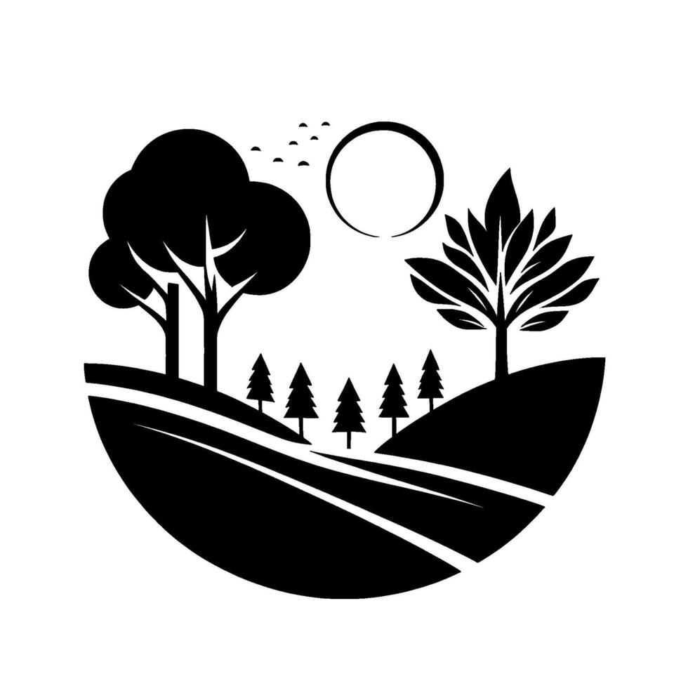 Silhouette of a Scenic Landscape Lush Trees, Rolling Hills, and a Radiant Sun or Moon. vector