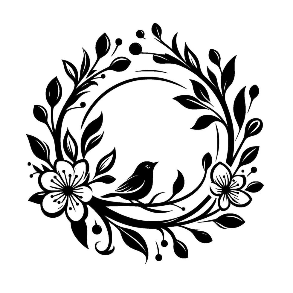 A minimalist black and white illustration of a bird perched on a floral branch, framed within a wreath of leaves and blossoms, set against a clean white background. vector