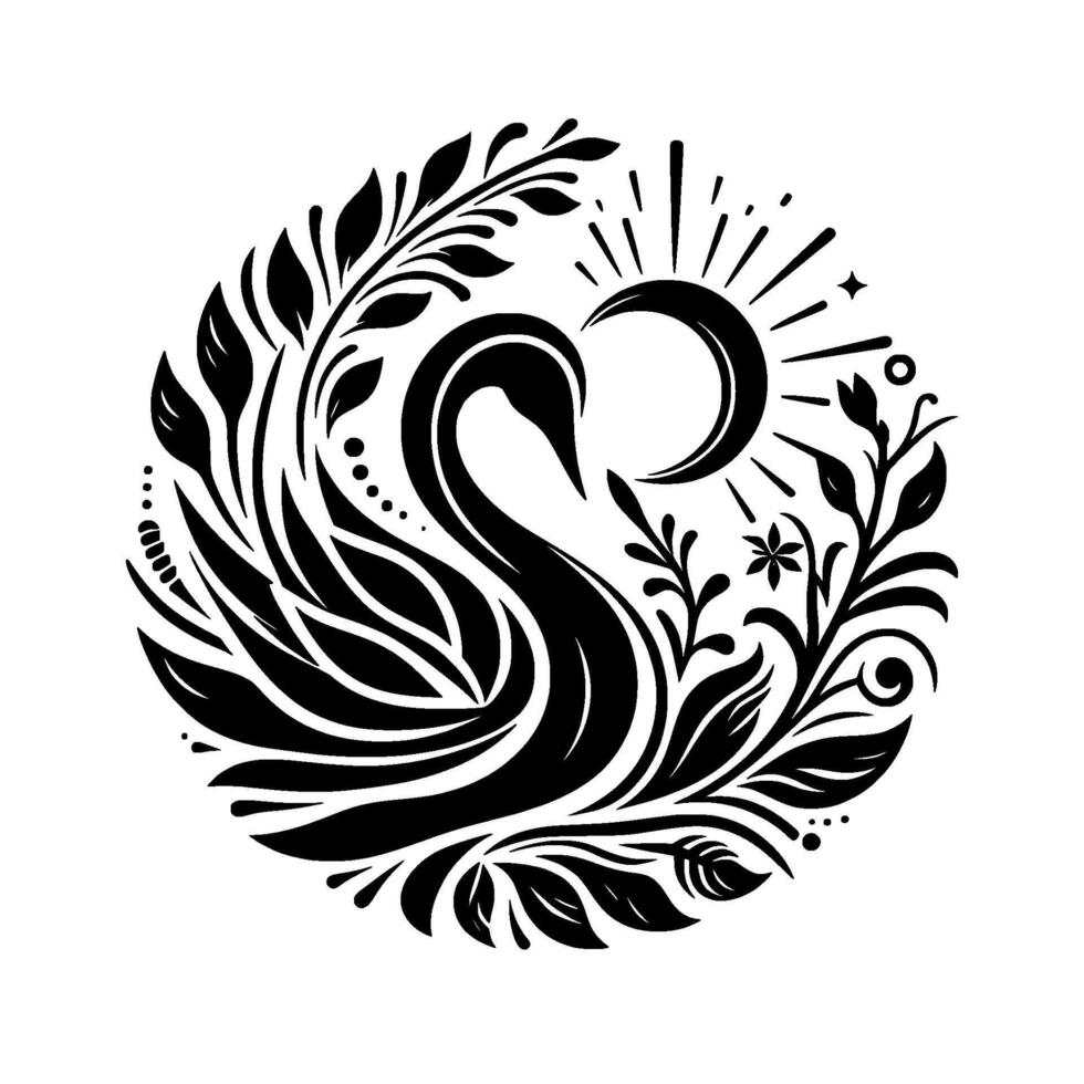 Elegant Black and White Circular Composition Featuring a Swan, Sun, and Floral Embellishments, Radiating Serenity. vector