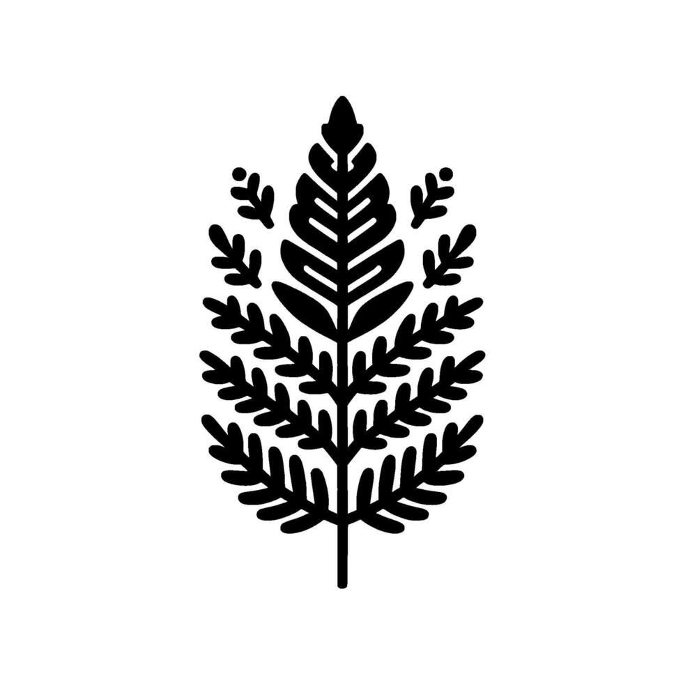 Simple Botanical Illustration Black silhouette of a stylized fernlike plant with symmetrical leaf on a clean white background. vector