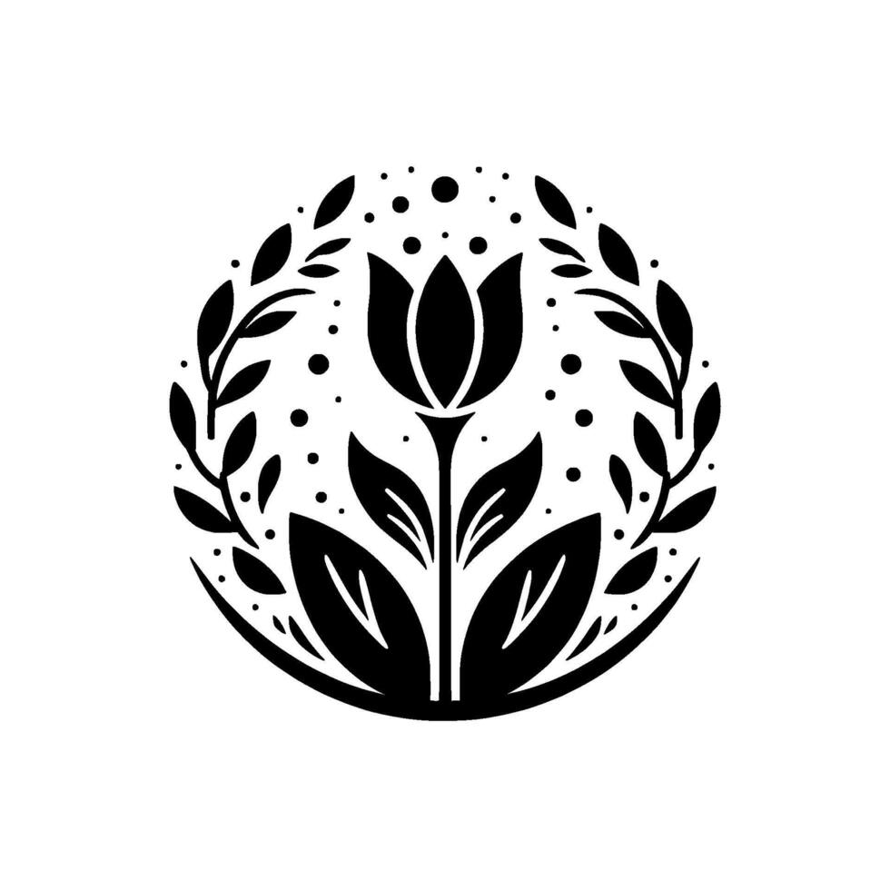 Elegant Black and White Floral Mandala with Tulip Centerpiece, Leafy Wreath, and Dot Accents for Botanical Minimalism vector
