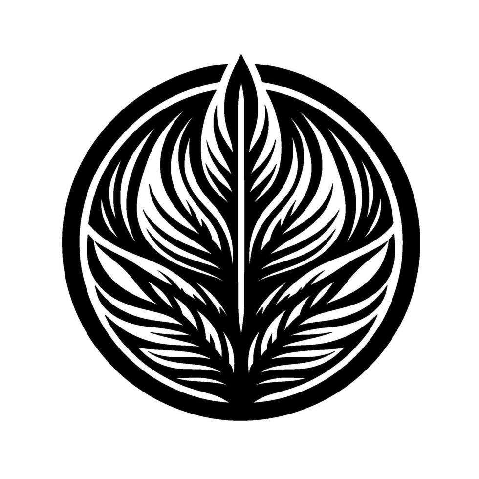 A symmetrical, stylized black and white leaf encircled by a thick black ring, evoking a sense of balance and natural simplicity. vector
