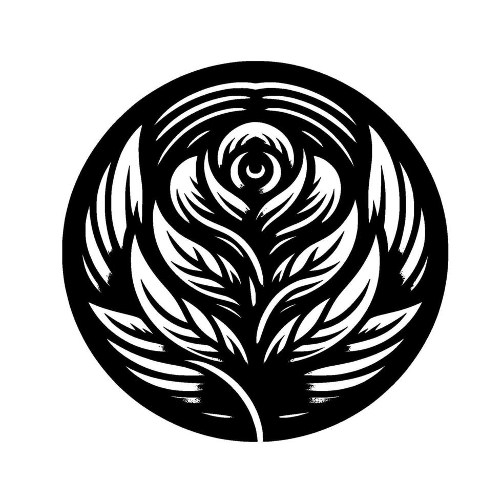 Intricate Black and White Rose Mandala A Botanical Silhouette Contained Within a Circular Frame, Featuring Layered Petals and Leafy Details. vector