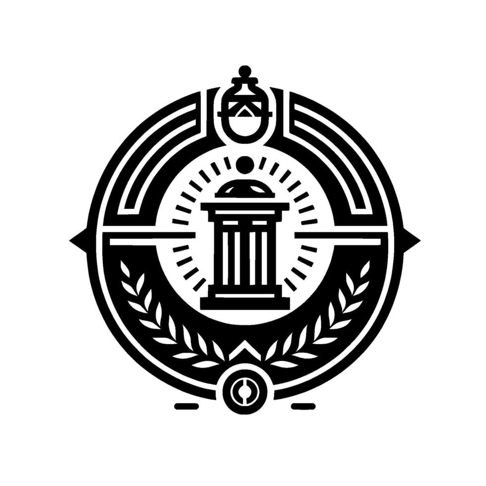 Ornate Black and White Circular Emblem A symmetrical with a central temple, laurel branches, and surrounding stylized architectural elements, evoking classical aesthetics and a sense of autho vector