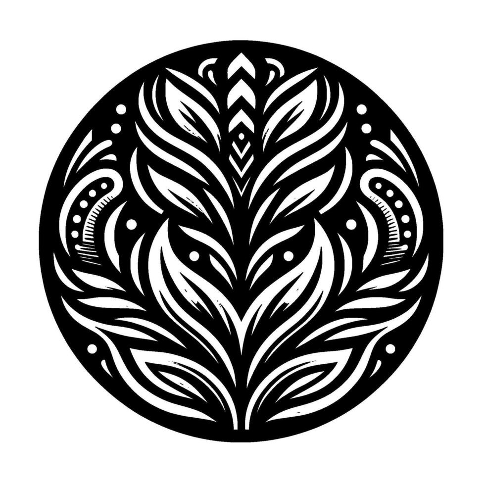 Intricate Black and White Circular Symmetrical, Stylized Floral and Leaf Elements within a Decorative Pattern. vector