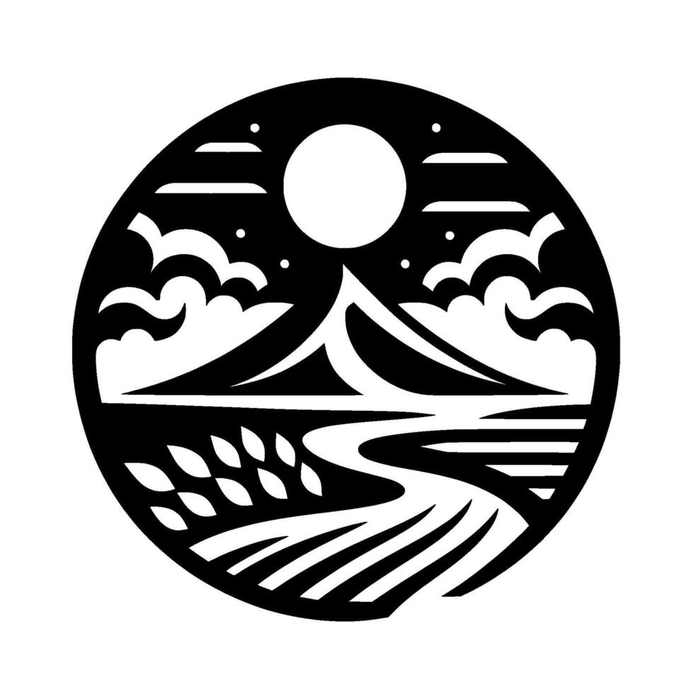Black and white circular landscape art featuring a mountain, flowing river, clouds, a large full moon, and foliage. vector