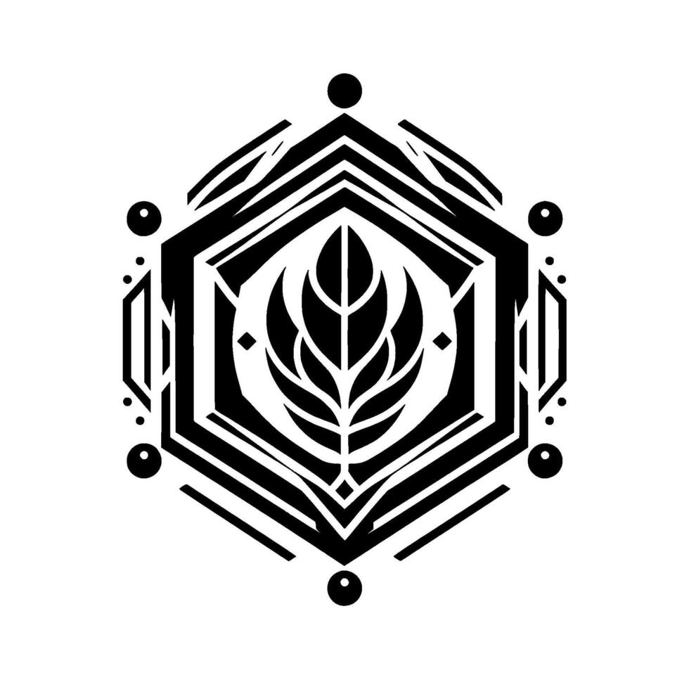 Stylized Hexagonal Emblem Black White Geometric , Plantlike Leaf Central Motif, Bordered with Circular Accents, Modern Art vector