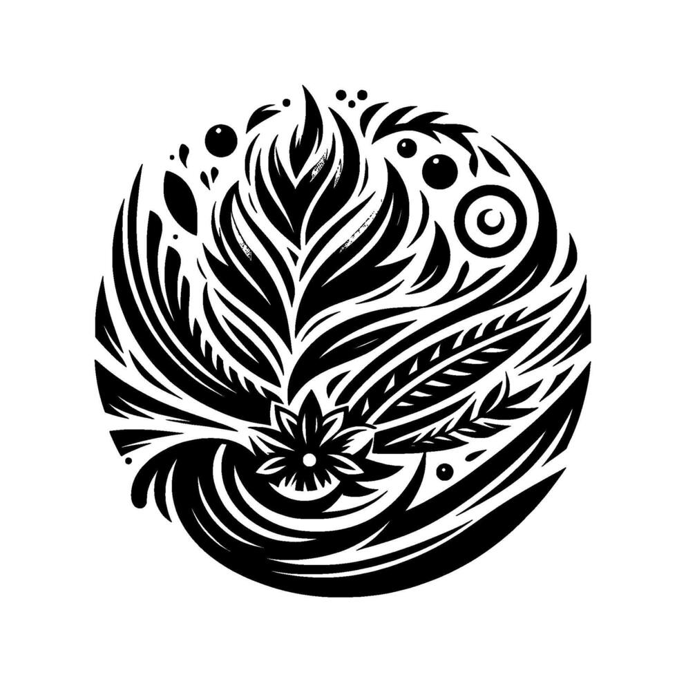 A symmetrical, black and white floral composed within a circle. The features stylized leaves, a flower, and organic swirls. vector