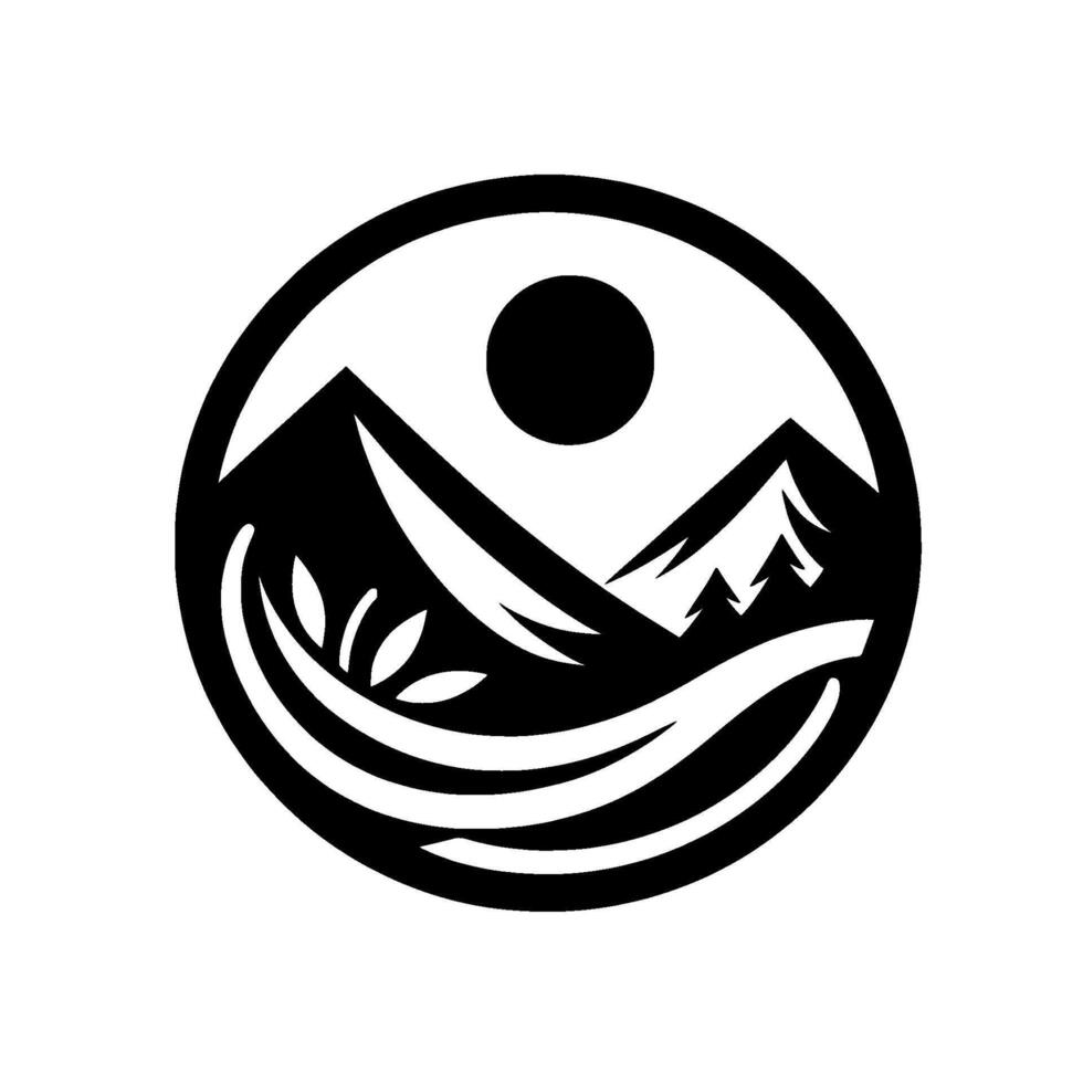 A stylized, circular black and white showcasing mountains, a sun, flowing lines, and stylized foliage, evoking a sense of nature. vector