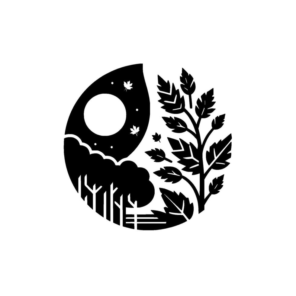 Black and White Yin Yang Inspired Nature with Moon, Trees, Leaves, and Symbolic Elements vector