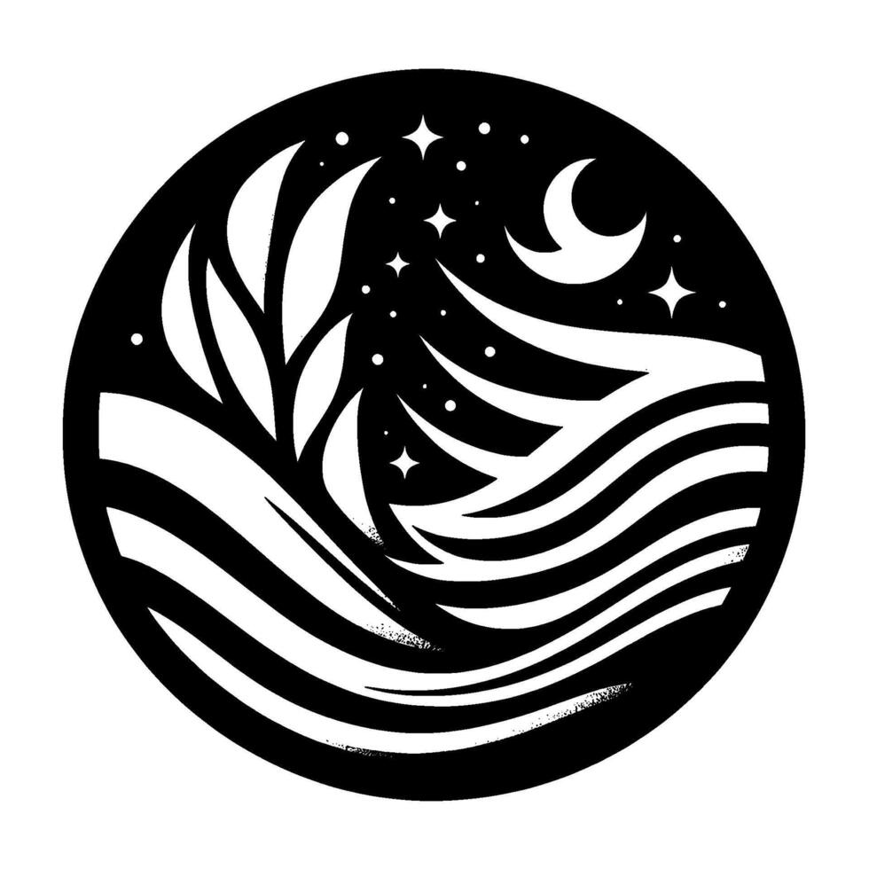 Black and white circular artwork featuring stylized waves, foliage, crescent moon, and stars, creating a tranquil night scene. vector